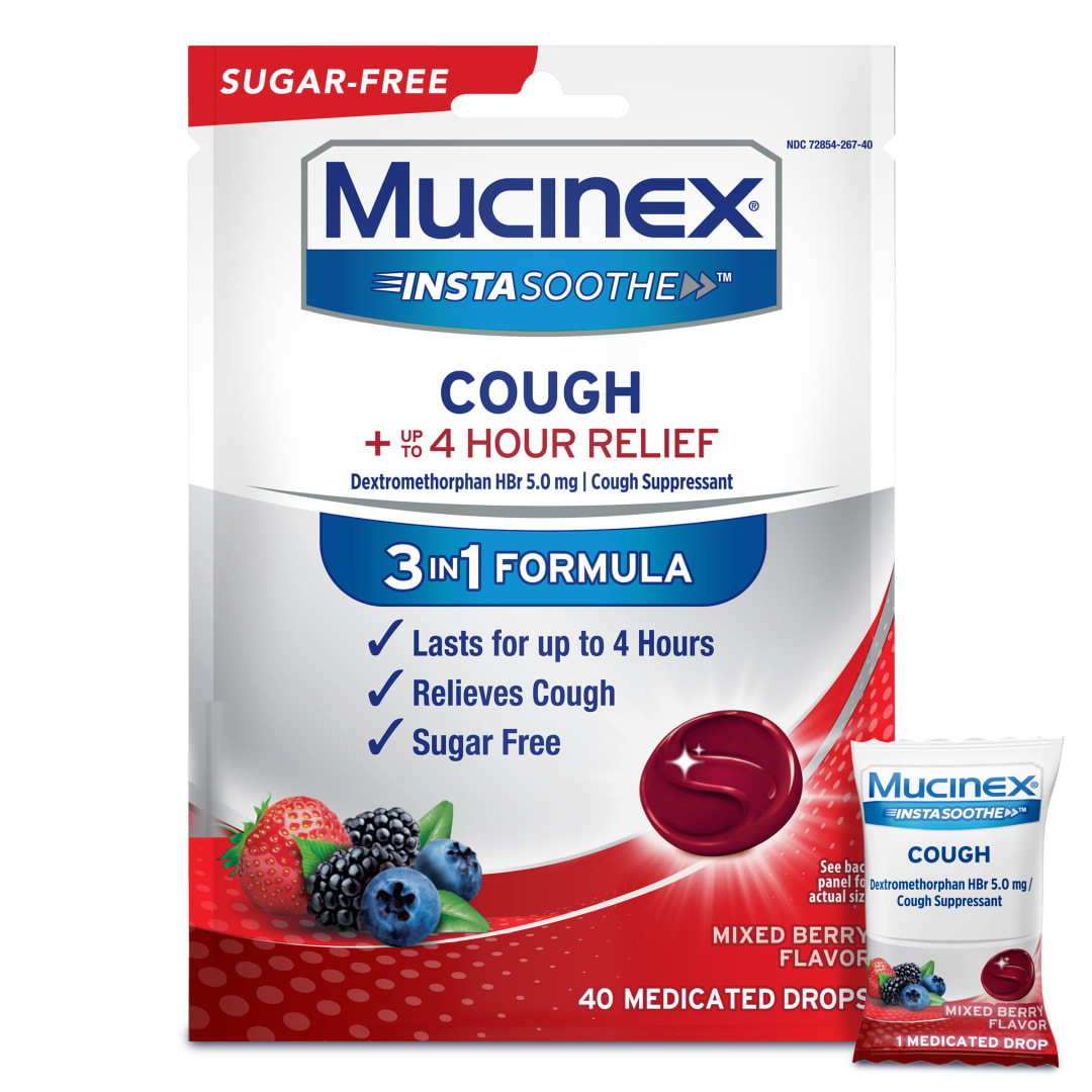 Mucinex Instasoothe Sugar Free Cough Drops, Cough Medicine for Adults, Mixed Berry, 40ct