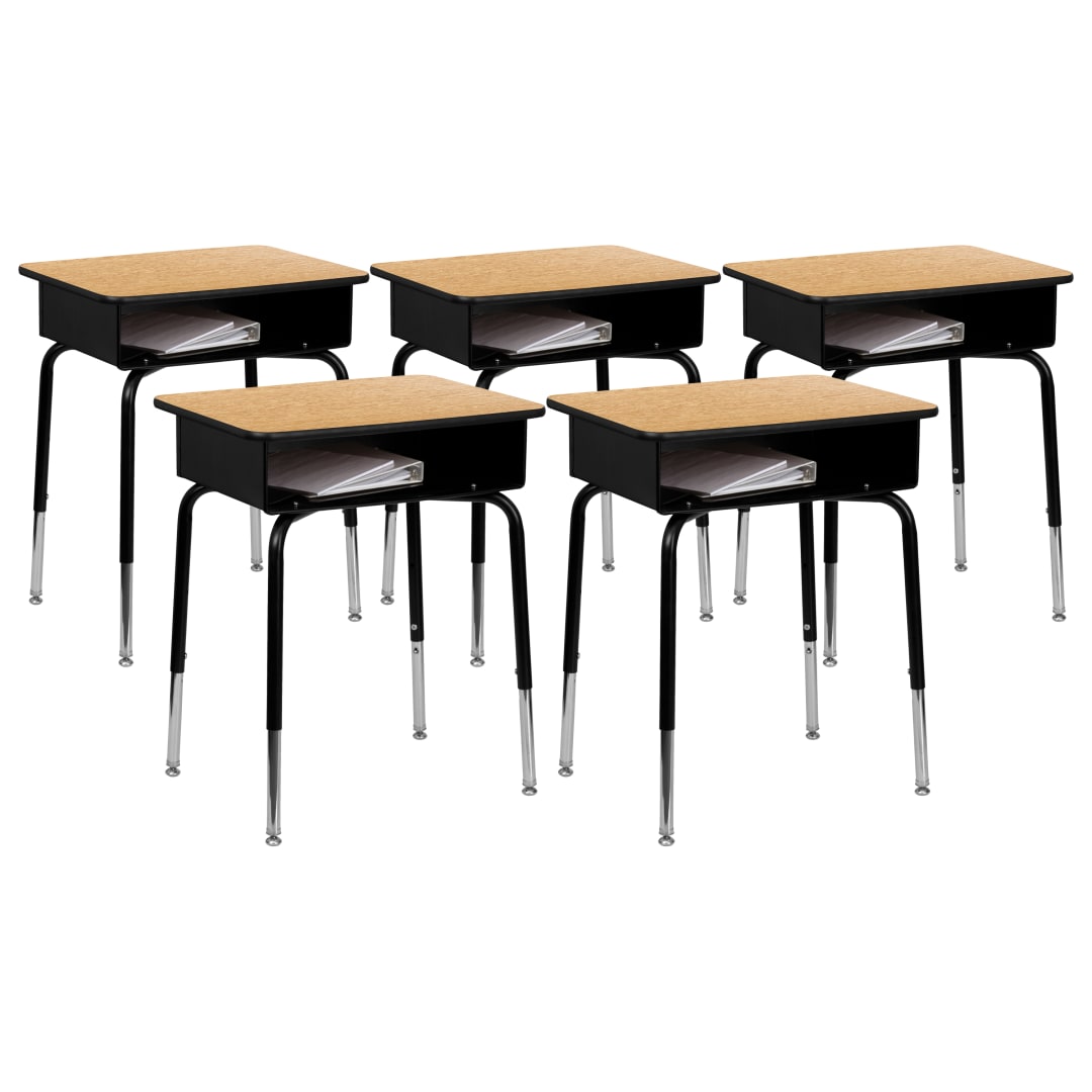 Billie Student Desk with Open Front Metal Book Box - Natural - Set of 5