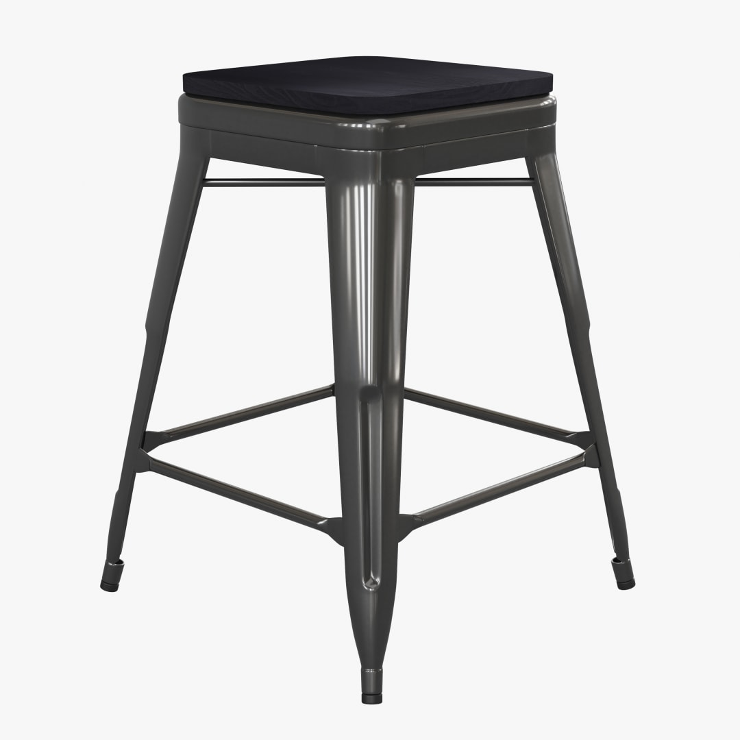 Kai Commercial Grade 24" High Backless Black Metal Indoor-Outdoor Counter Height Stool with Black Poly Resin Wood Seat