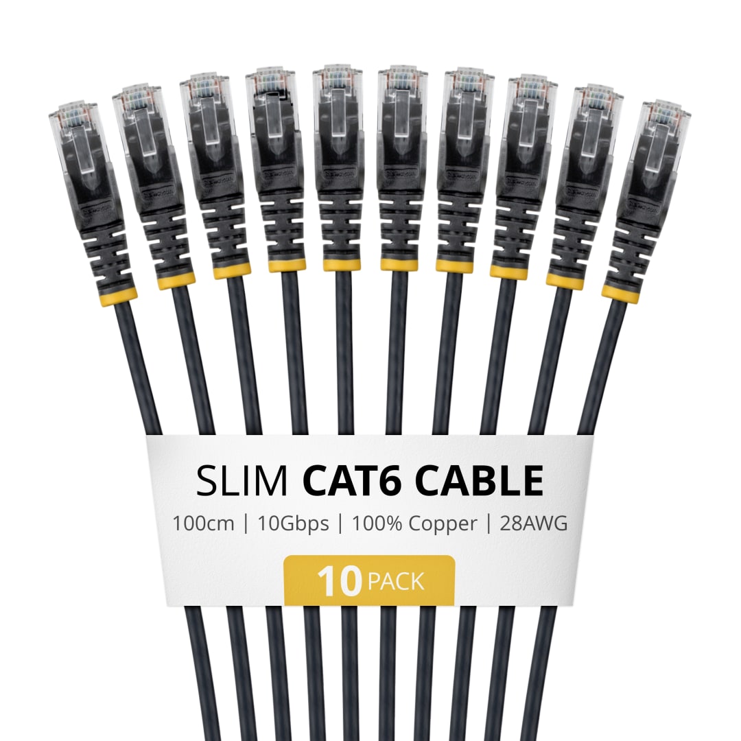 1m CAT6 Ethernet Cable - Slim  28AWG - LSZH - Black - 10pk