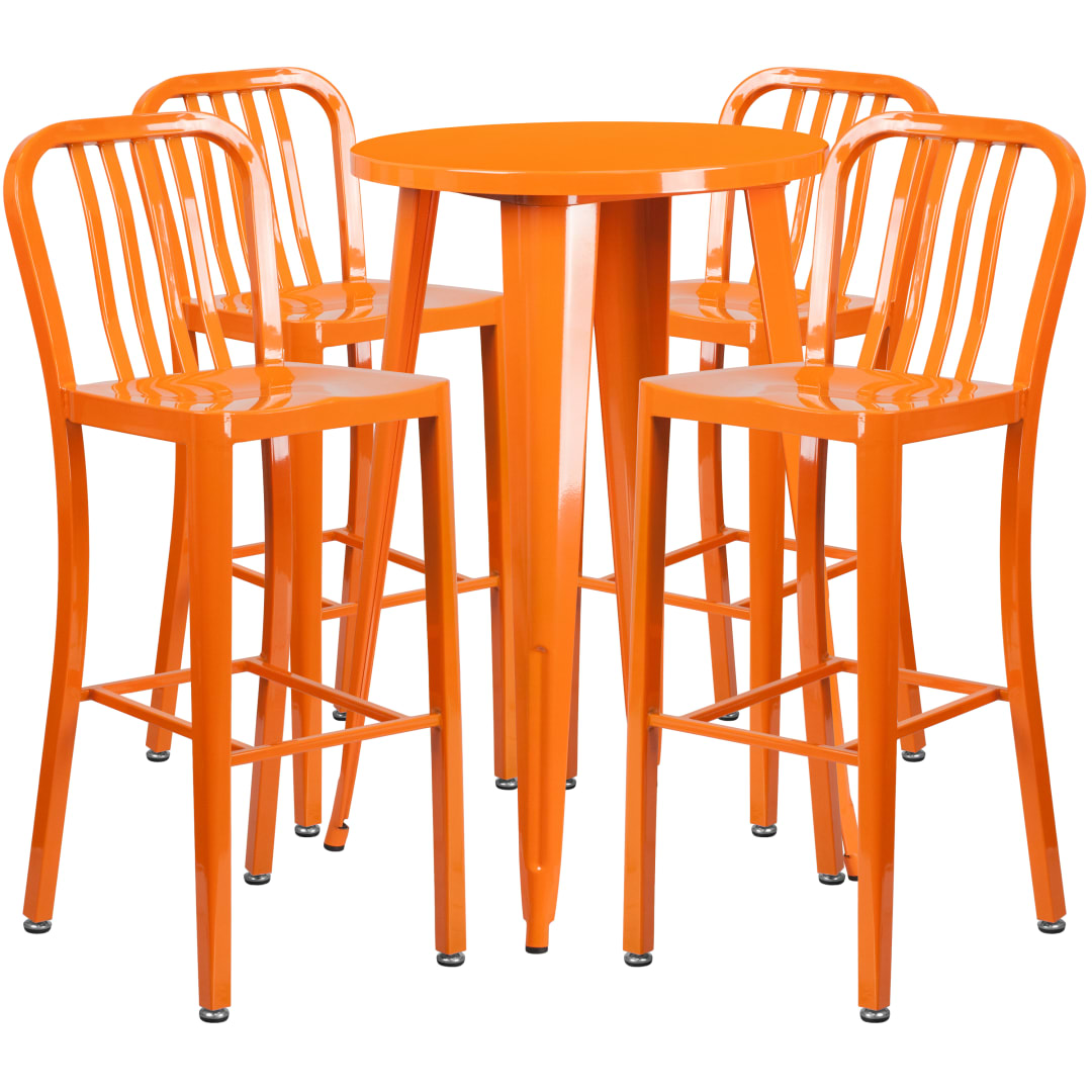 Richard Commercial Grade 24" Round Orange Metal Indoor-Outdoor Bar Table Set with 4 Vertical Slat Back Stools