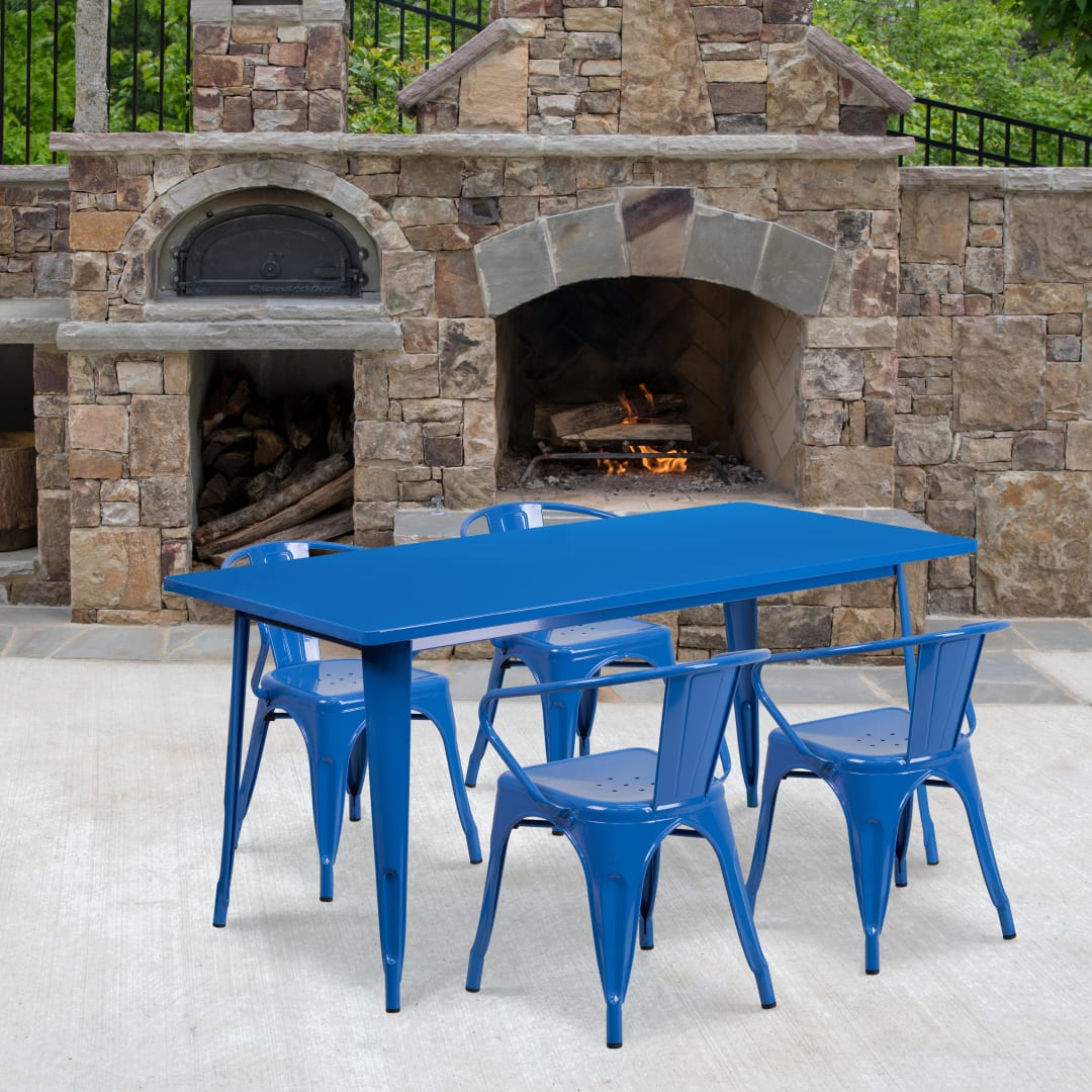 Fisher Commercial Grade 31.5" x 63" Rectangular Blue Metal Indoor-Outdoor Table Set with 4 Arm Chairs