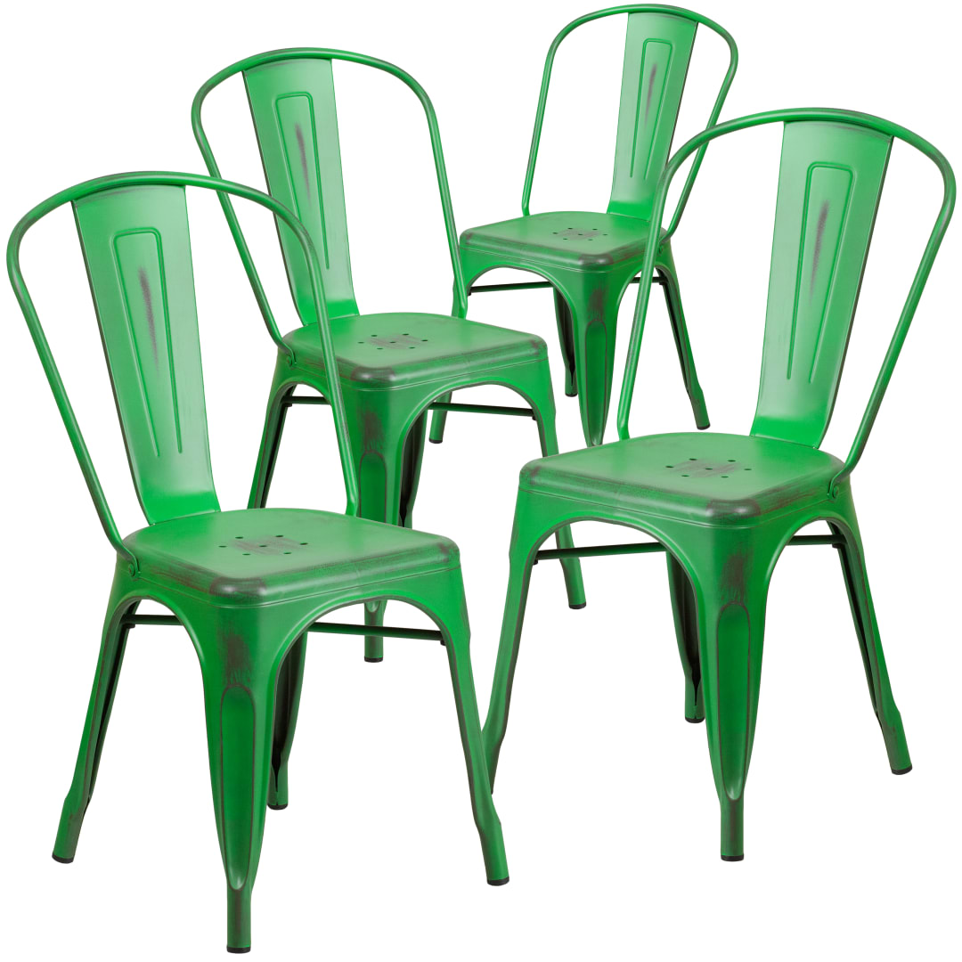 Blake Commercial Grade 4 Pack Distressed Green Metal Indoor-Outdoor Stackable Chair
