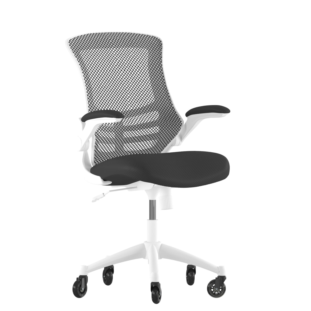 Kelista Mid-Back Black Mesh Swivel Ergonomic Task Office Chair with White Frame, Flip-Up Arms, and Transparent Roller Wheels