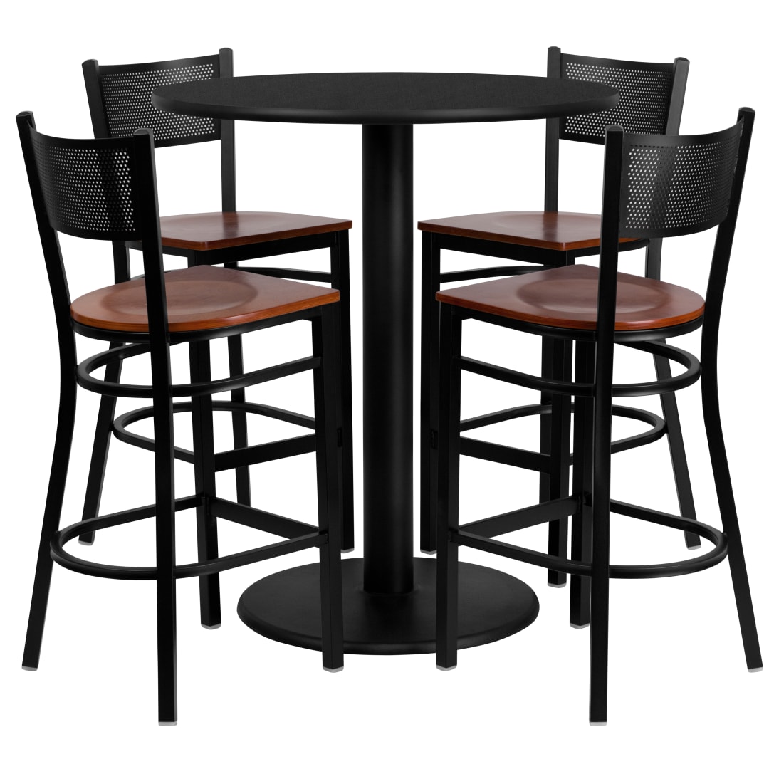 Clark 36'' Round Black Laminate Table Set with 4 Grid Back Metal Barstools - Cherry Wood Seat