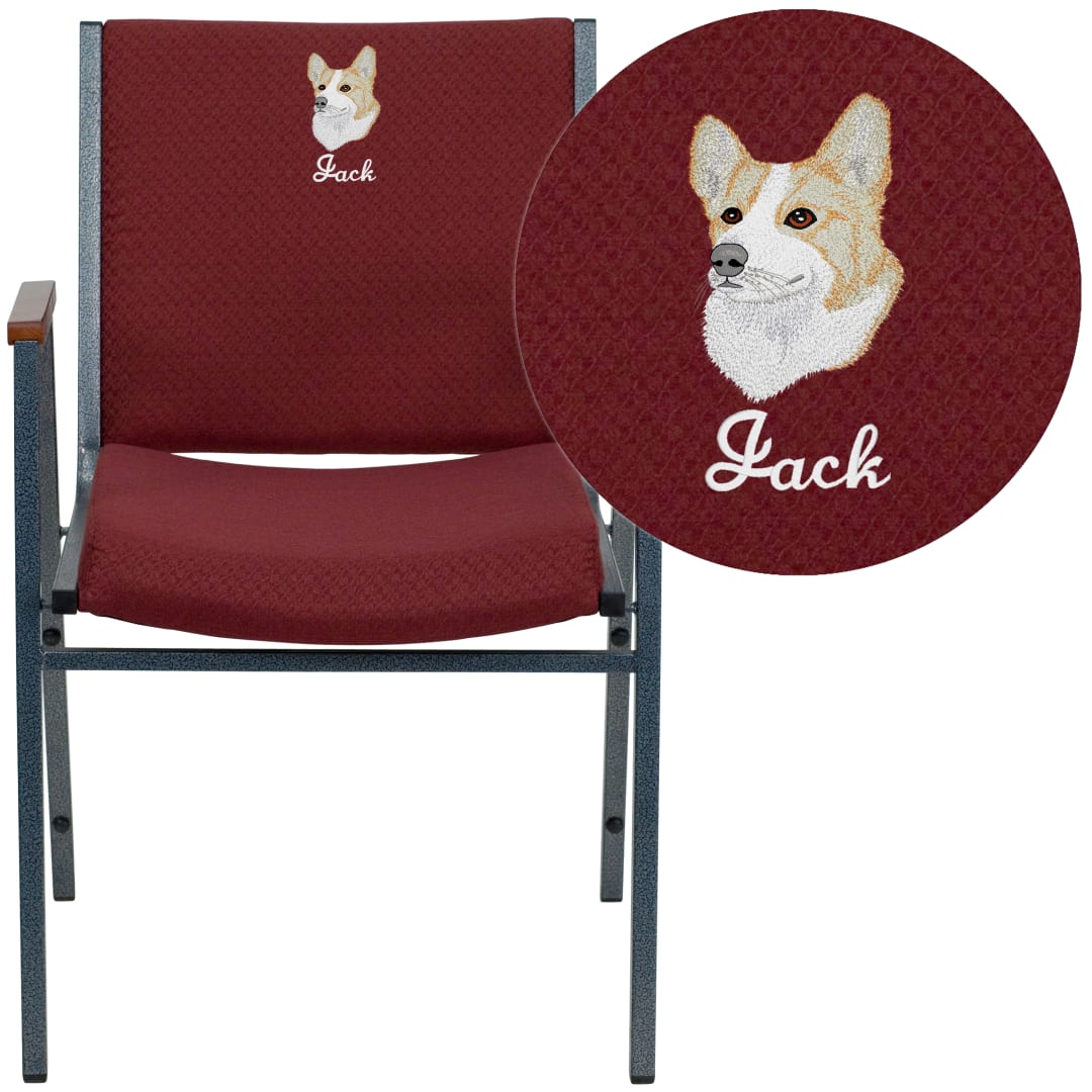 Embroidered HERCULES Series Heavy Duty Burgundy Patterned Fabric Stack Chair with Arms