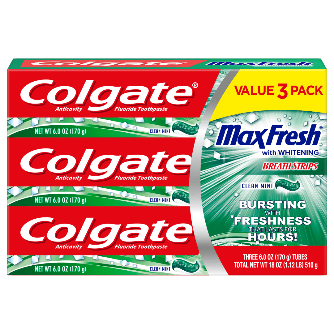 Colgate Max Fresh Toothpaste with Mini Breath Strips, Clean Mint - 6. Ounce (3 Pack)