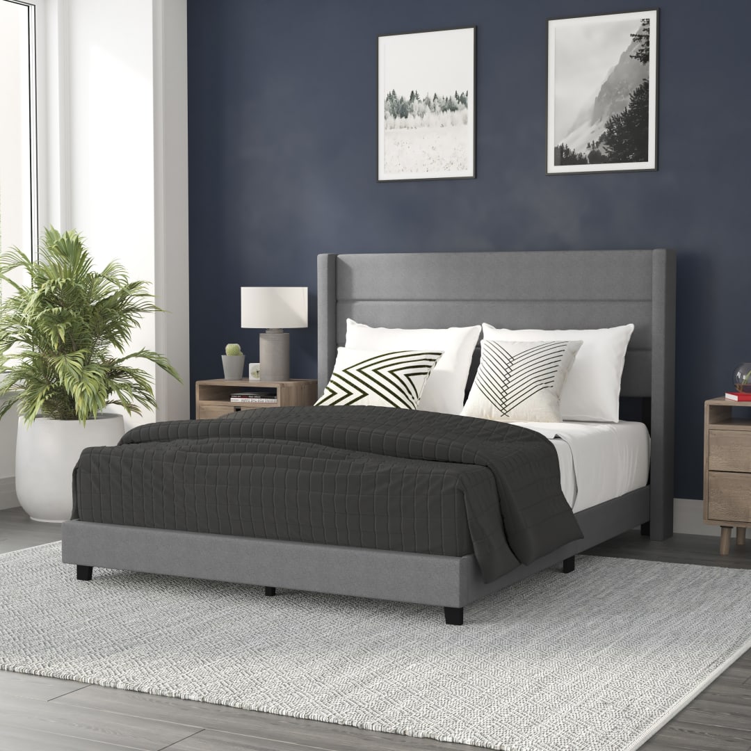 Hollis Queen Upholstered Platform Bed with Wingback Headboard, Mattress Foundation with Slatted Supports, No Box Spring Needed, Gray Faux Linen