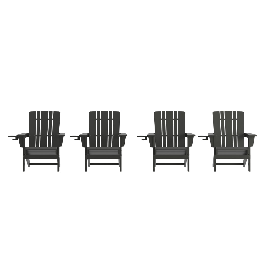 Halifax Adirondack Chair with Cup Holder, Weather Resistant HDPE Adirondack Chair in Black, Set of 4