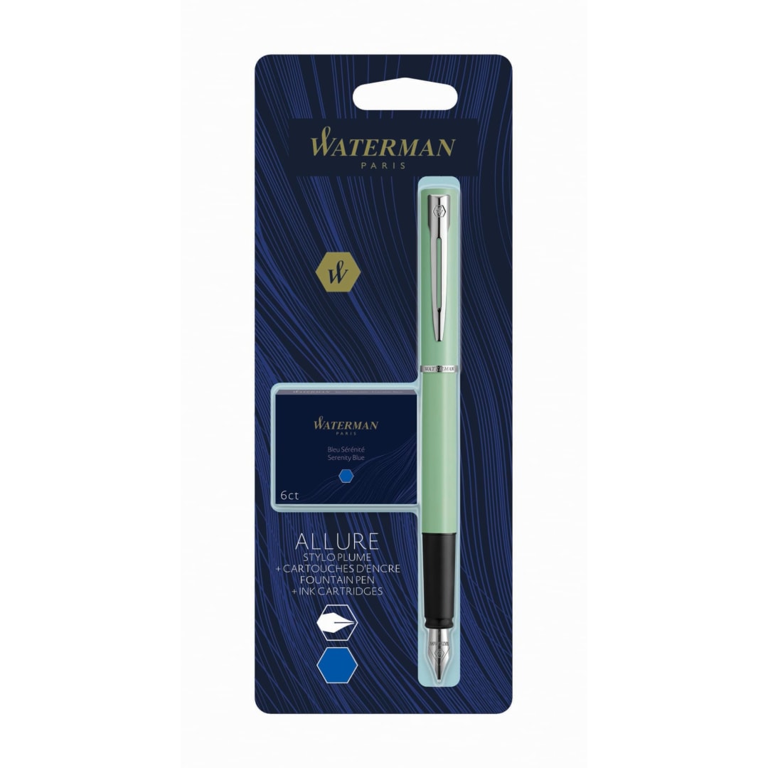 Waterman Allure Fountain Pen | Pastel Finish with Chrome Trim | Fine Stainless Steel Nib | Blue Ink | With Ink Cartridges