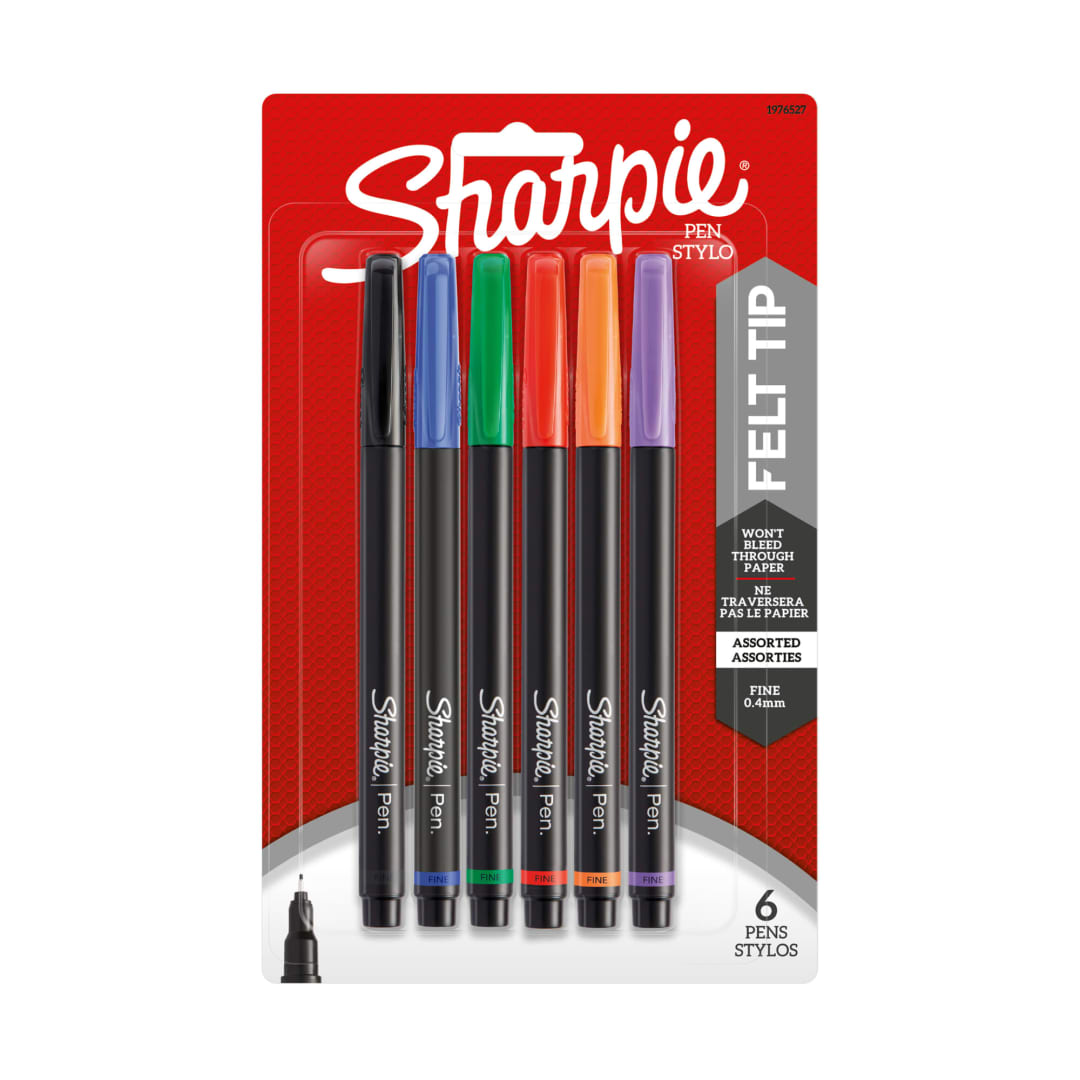 Sharpie Pens, Felt Tip Pens, Fine Point (0.4mm), Assorted Colors, 6 Count
