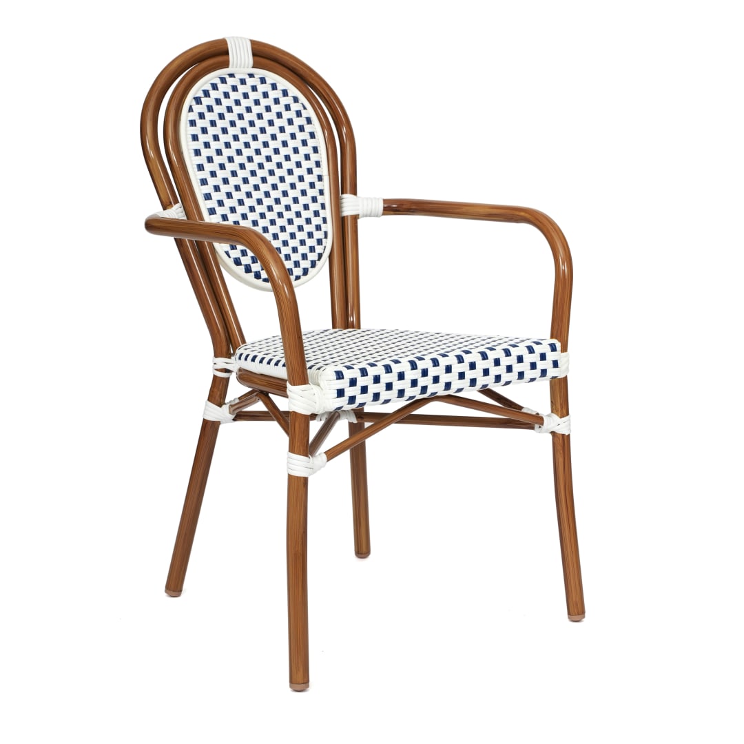 Lourdes Indoor/Outdoor Commercial Thonet Bistro Stacking Chair with Arms, White and Navy PE Rattan and Bamboo Print Aluminum Frame in Natural