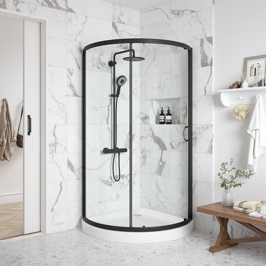 Breeze 35 in. L x 35 in. W x 77 in. H Round Corner Shower Kit in Black with Clear Sliding Door and Shower Base Pan (Walls not Included)