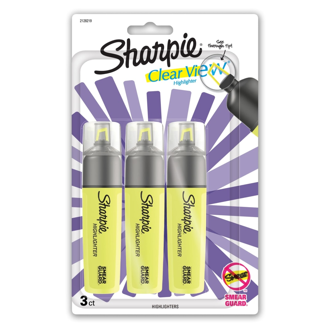 Sharpie® Highlighter, Clear View Highlighter with See-Through Chisel Tip, Tank Highlighter, Yellow, 3 Count