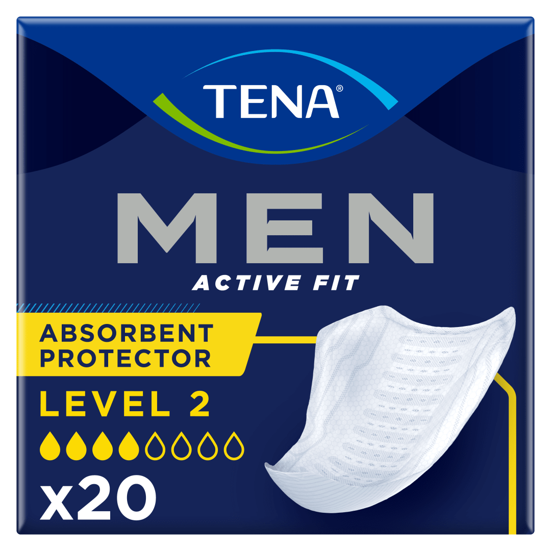 TENA Men Active Fit Absorbent Protector Level 2 – Incontinence Pads for Men, Medium Urine Leakage, 4mm Thin, Triple Protection Against Leaks, Odour &amp; Moisture, Secure &amp; Comfortable Fit - Pack of 20