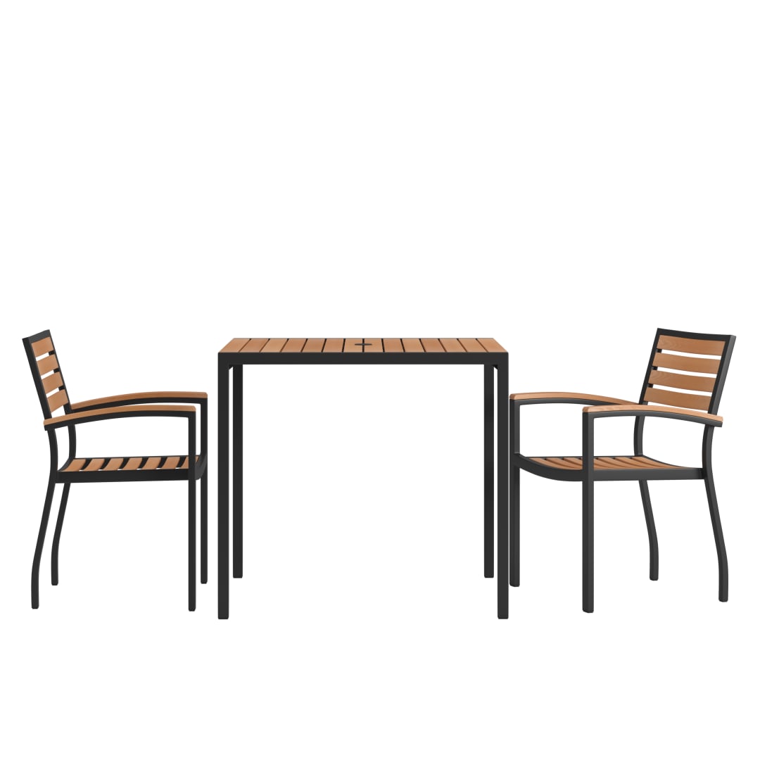 Lark 3 Piece Outdoor Dining Table Set - Synthetic Teak Poly Slats - 35" Square Steel Framed Table - Umbrella Hole - 2 Club Chairs