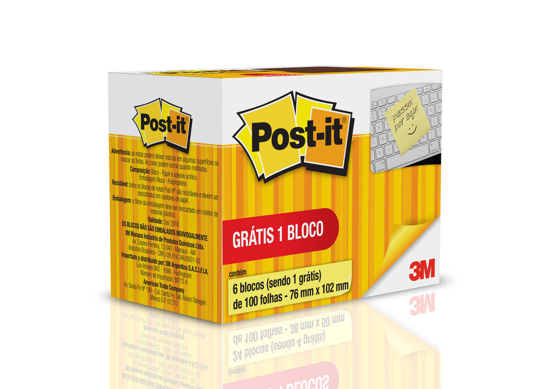 Bloco de Notas Adesivas Post-it®, Amarelo, 76 mm x 102 mm, 6 Blocos, 100 Folhas/ 1 Bloco, (1 Bloco Grátis)