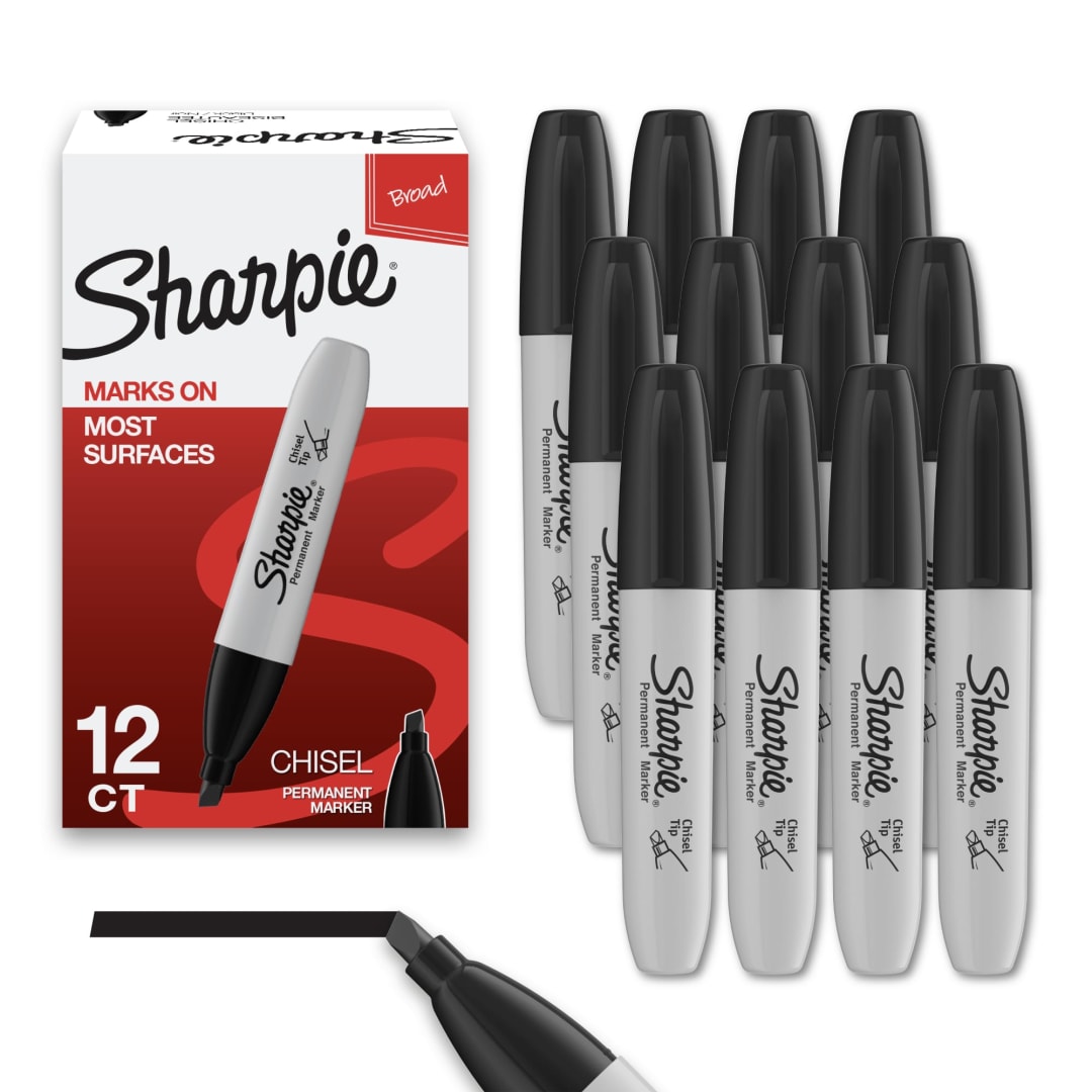Sharpie® Permanent Markers, Chisel Tip, Black, 12 Count