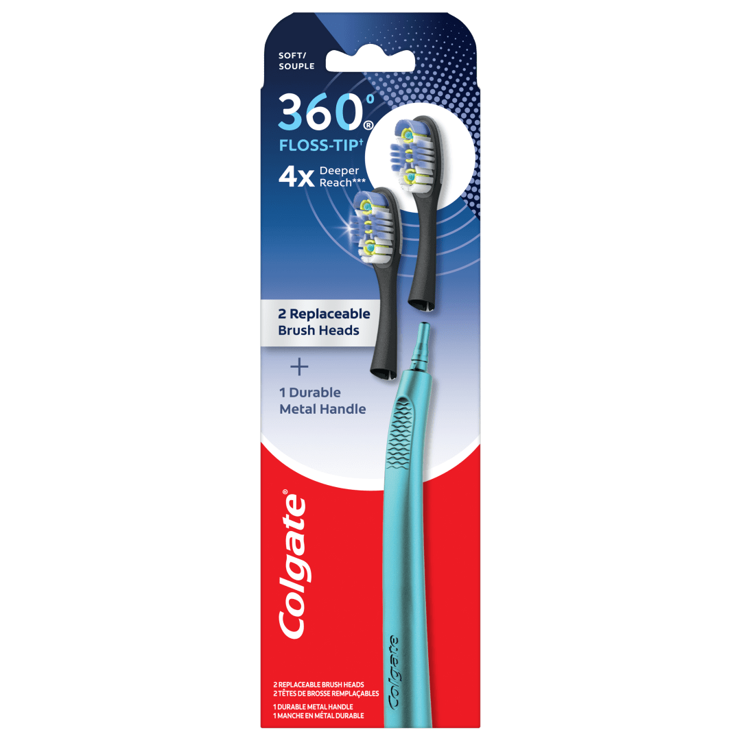 Colgate 360 Floss Tip Replaceable Head Toothbrush Starter Kit, 2 Brush Heads and Metal Handle