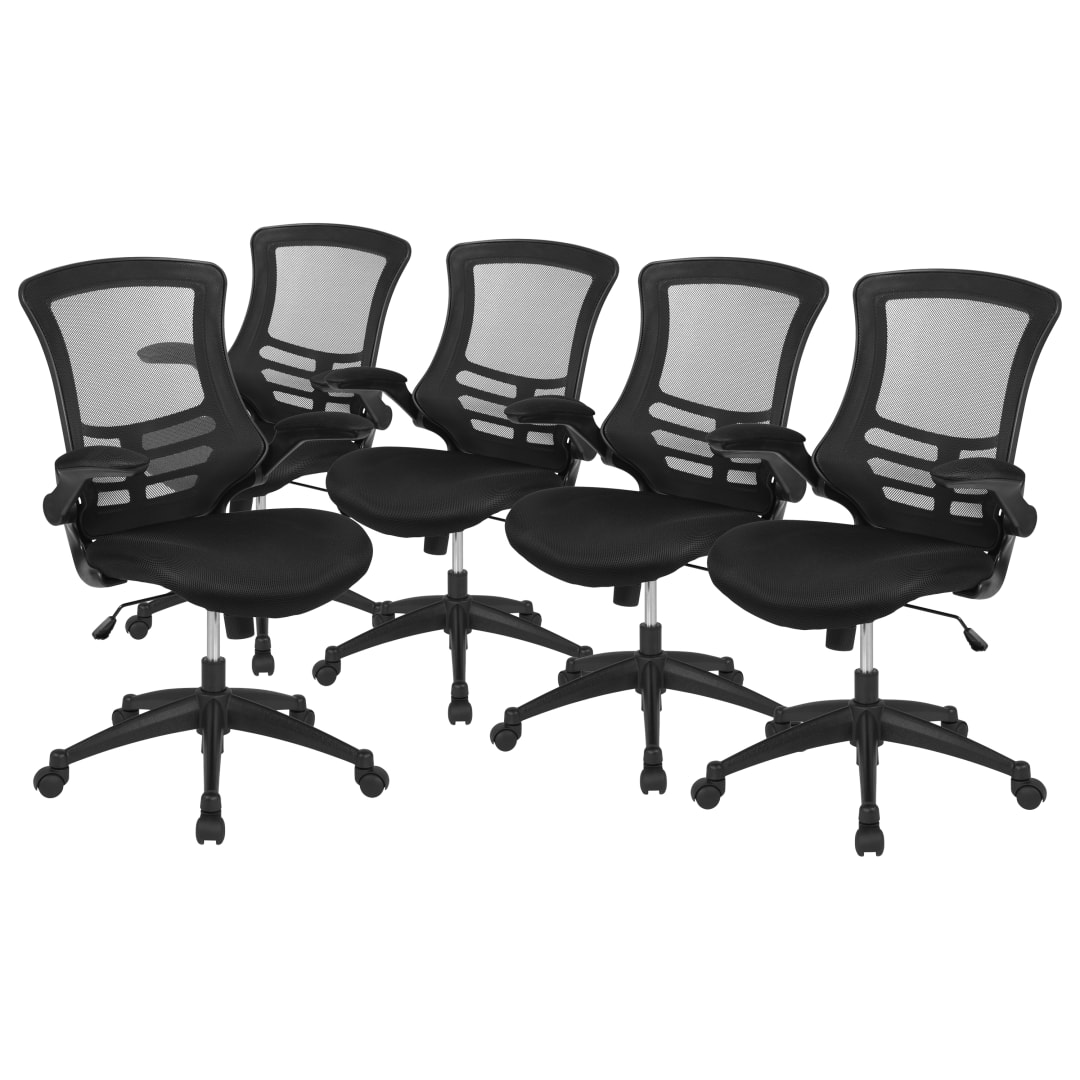 Kelista Mid-Back Black Mesh Swivel Ergonomic Task Office Chair with Flip-Up Arms - Set of 5