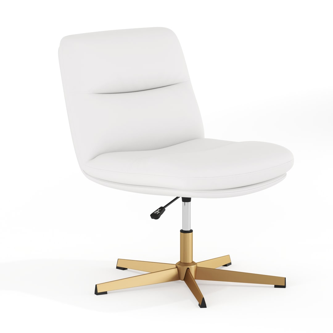 Chloe Commercial Wide Mid-Back White Padded LeatherSoft Armless Stationary Task Office Chair with Adjustable Height, Swivel Function, and Gold Frame