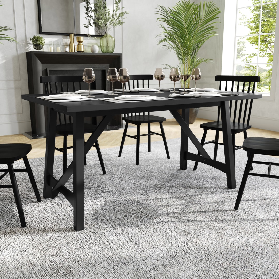 Everly 60" Solid Wood Trestle Base Dining Table, Farmhouse Style Commercial Grade Table with Seating for 6, Black Finish