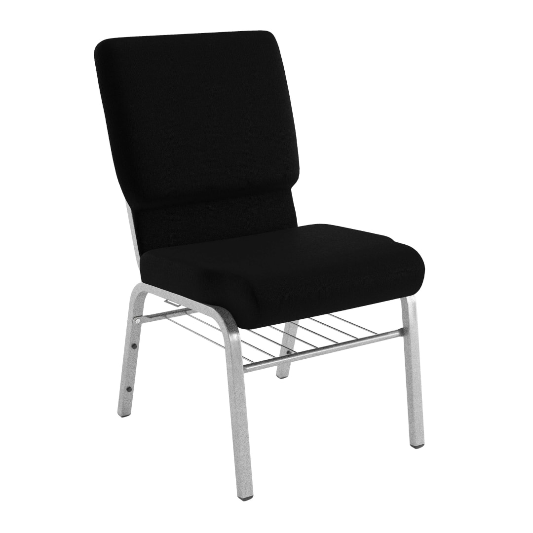 4 Pack HERCULES Series 18.5''W Church Chair in Black Fabric with Book Rack - Silver Vein Frame