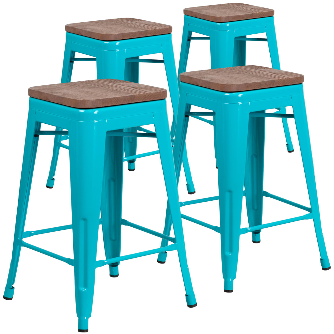 Shania 4 Pk. 24" High Backless Crystal Teal-Blue Counter Height Stool with Square Wood Seat