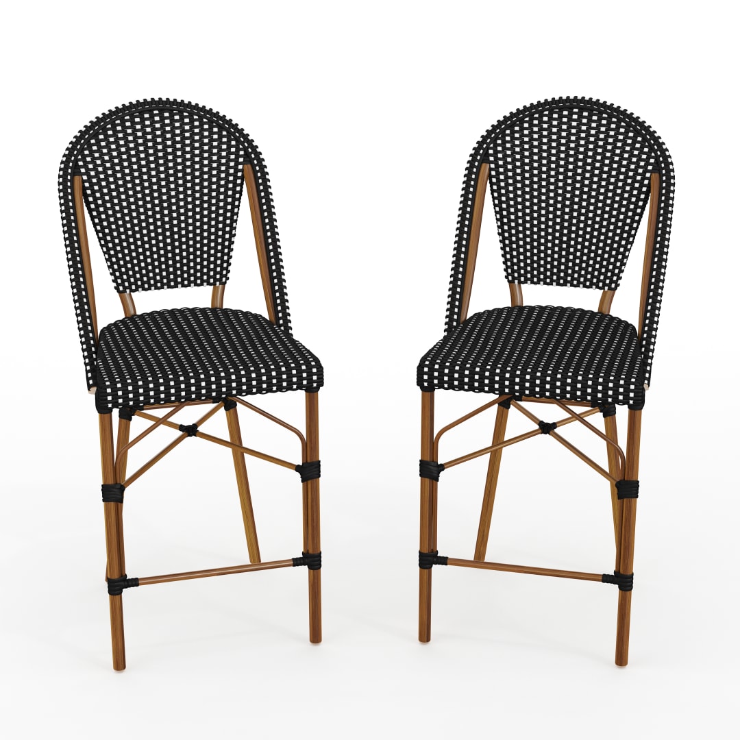 Lily Pond Set of 2 Indoor-Outdoor Stackable Bistro Counter Stools with Natural Woodgrain Aluminum Finish Frame, Black/White Woven Rattan Back/Seat