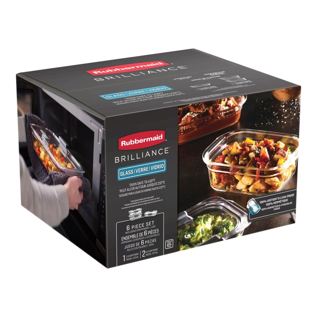 Rubbermaid® Brilliance® Glass Food Storage Container, Medium Rectangular Set, 6-Piece