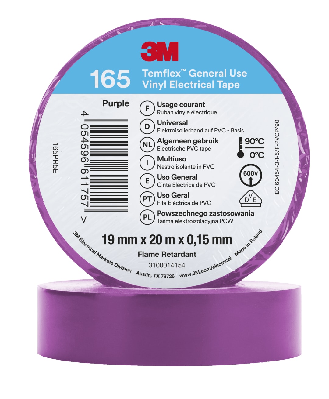 3M™ Temflex™ Vinyl Electrical Tape 165, Purple, 19 mm x 20 m, 100 Rolls/Case