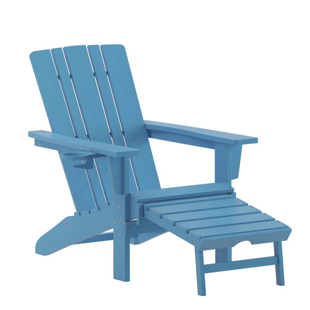 Halifax HDPE Adirondack Chair with Cup Holder and Pull Out Ottoman, All-Weather HDPE Indoor/Outdoor Lounge Chair in Blue