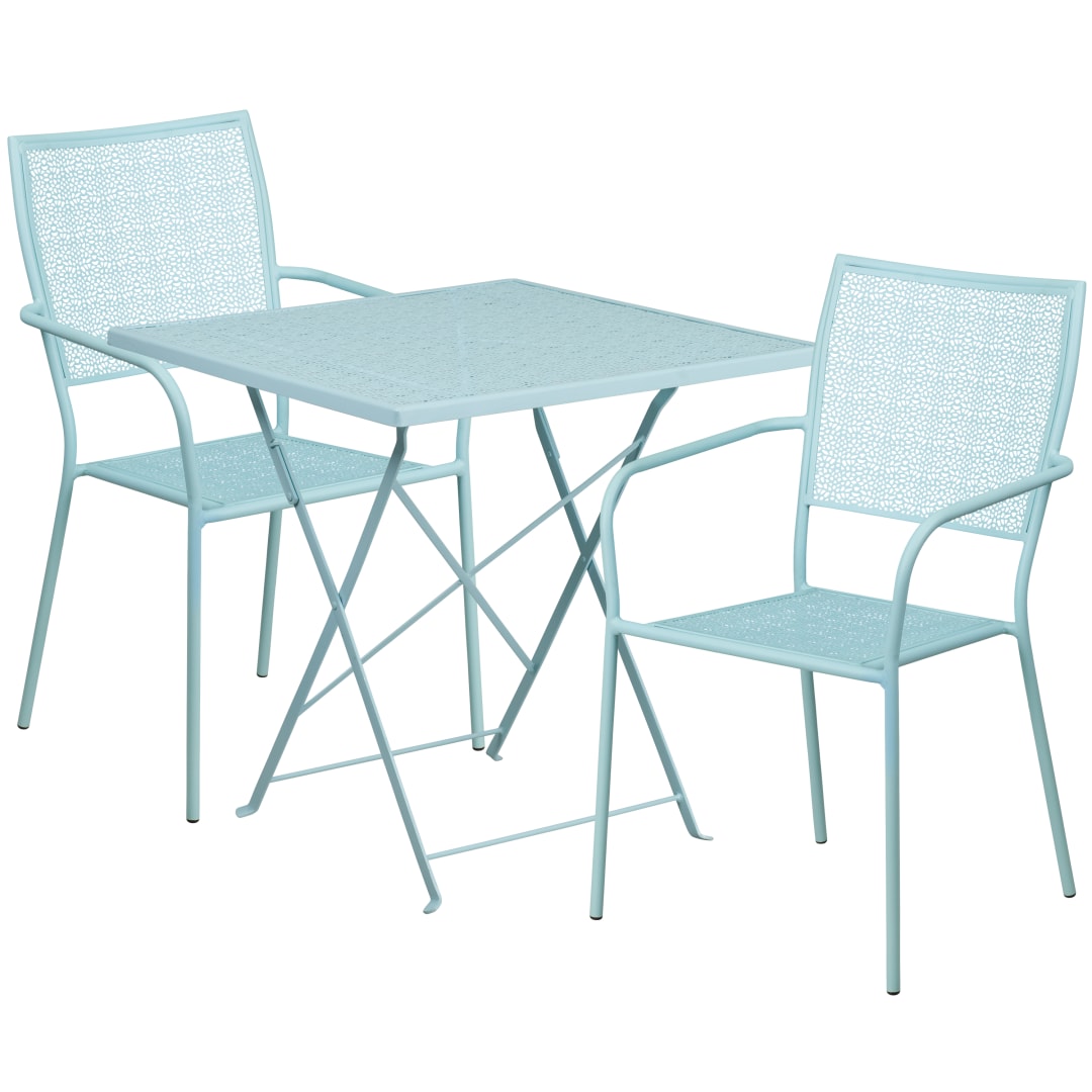Oia Commercial Grade 28" Square Sky Blue Indoor-Outdoor Steel Folding Patio Table Set with 2 Square Back Chairs