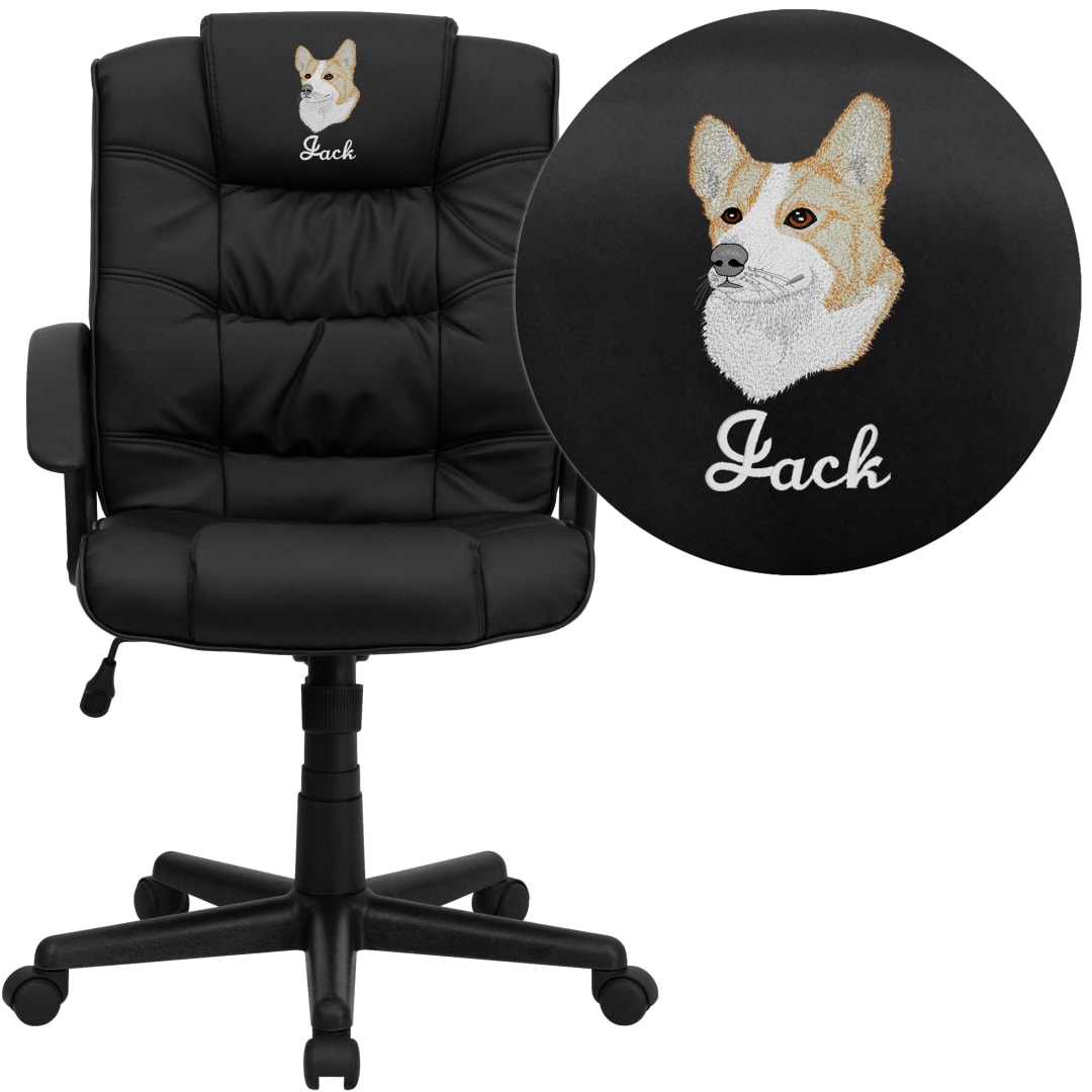 Lindon Embroidered Mid-Back Black LeatherSoft Swivel Task Office Chair with Arms