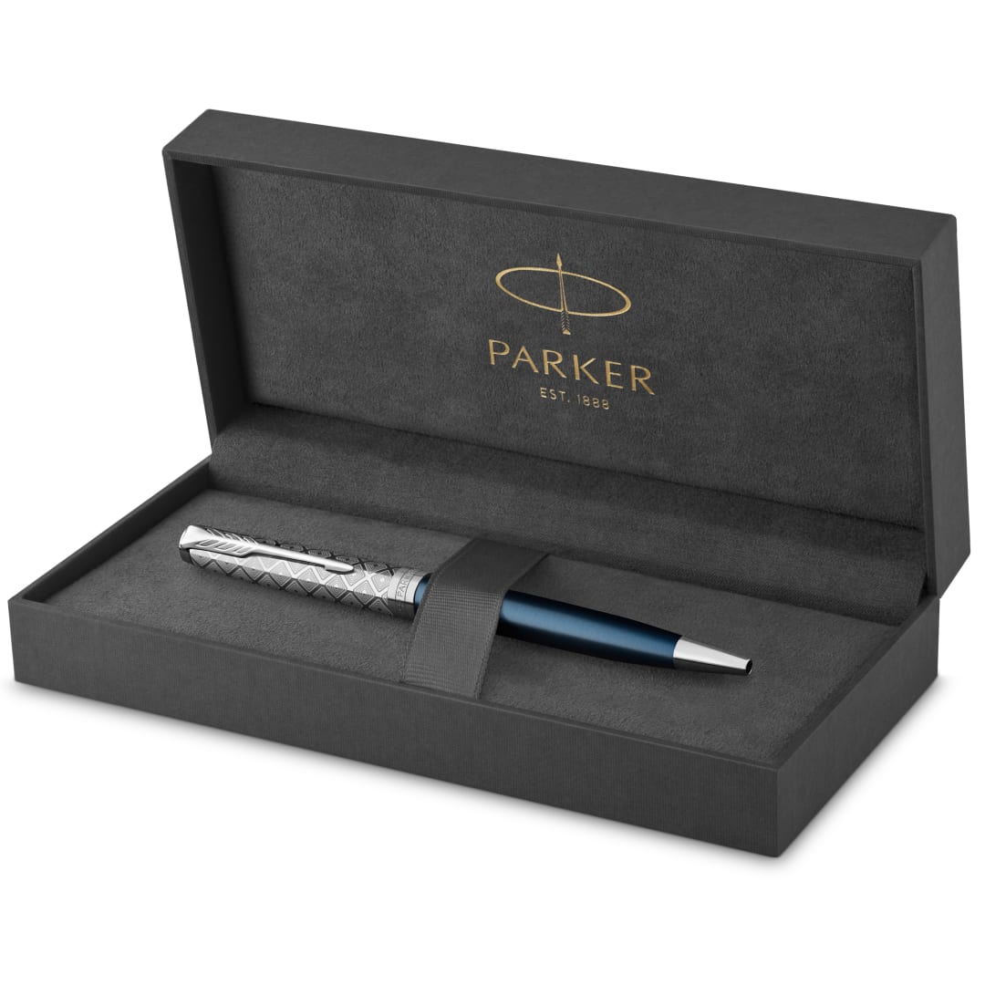 Parker Sonnet Bolígrafo | Premium metal y lacado azul con acabado cromado | Punta mediana con recarga de tinta negra | Caja de regalo
