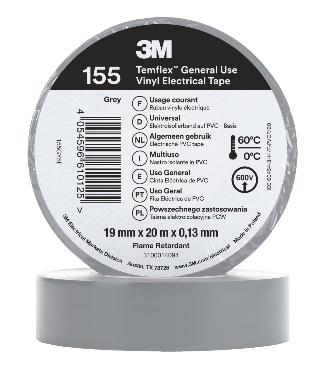3M™ Temflex™ Vinyl Electrical Tape 155, Grey, 19 mm x 20 m, 100 Rolls/Case
