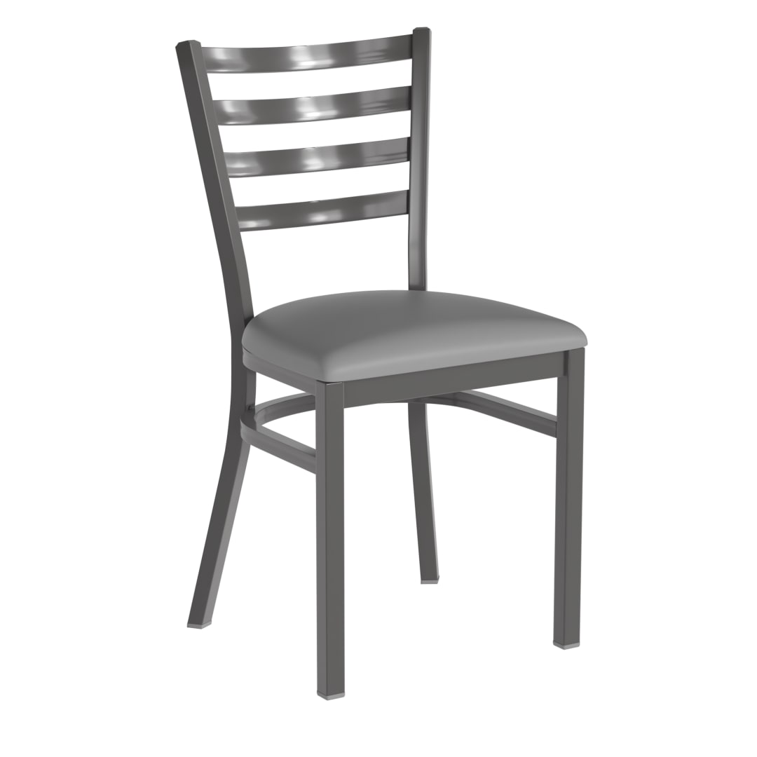 HERCULES Silver Antique Finish with Clear Coat Ladder Back Metal Restaurant Chair - Gray Vinyl Seat