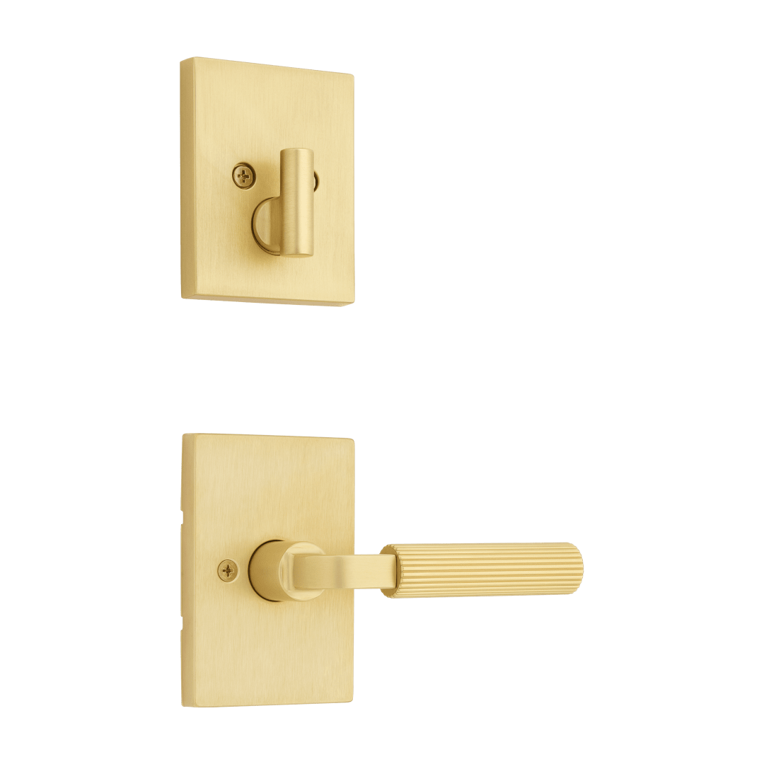 Mirada Reeded Single Cylinder Interior Pack Lever w/ Rectangular Rose in Satin Brass