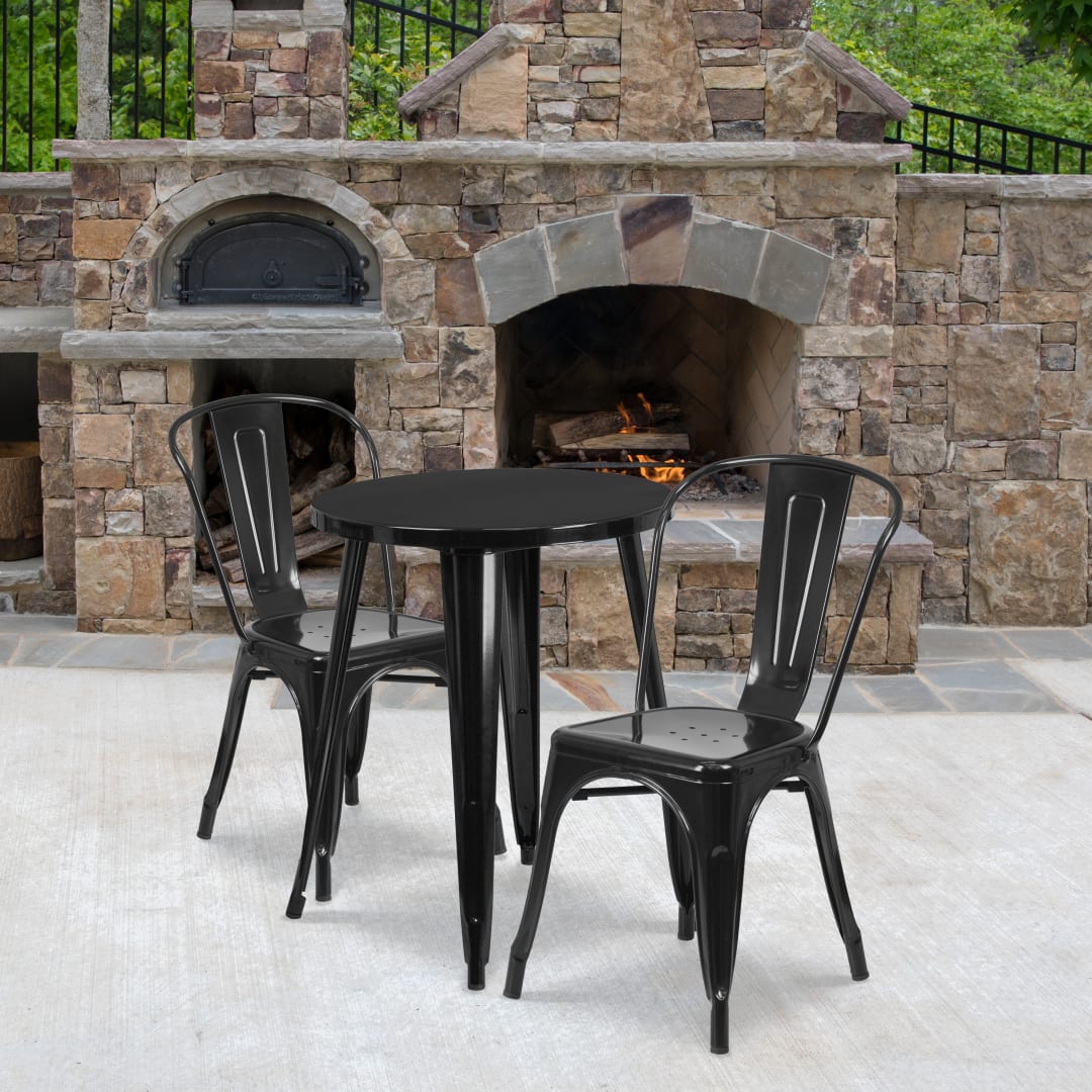 Napoleon Commercial Grade 24" Round Black Metal Indoor-Outdoor Table Set with 2 Cafe Chairs