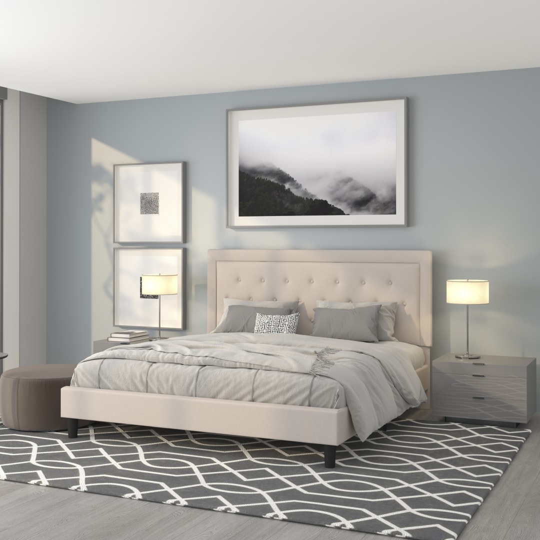 Roxbury King Size Tufted Upholstered Platform Bed in Beige Fabric