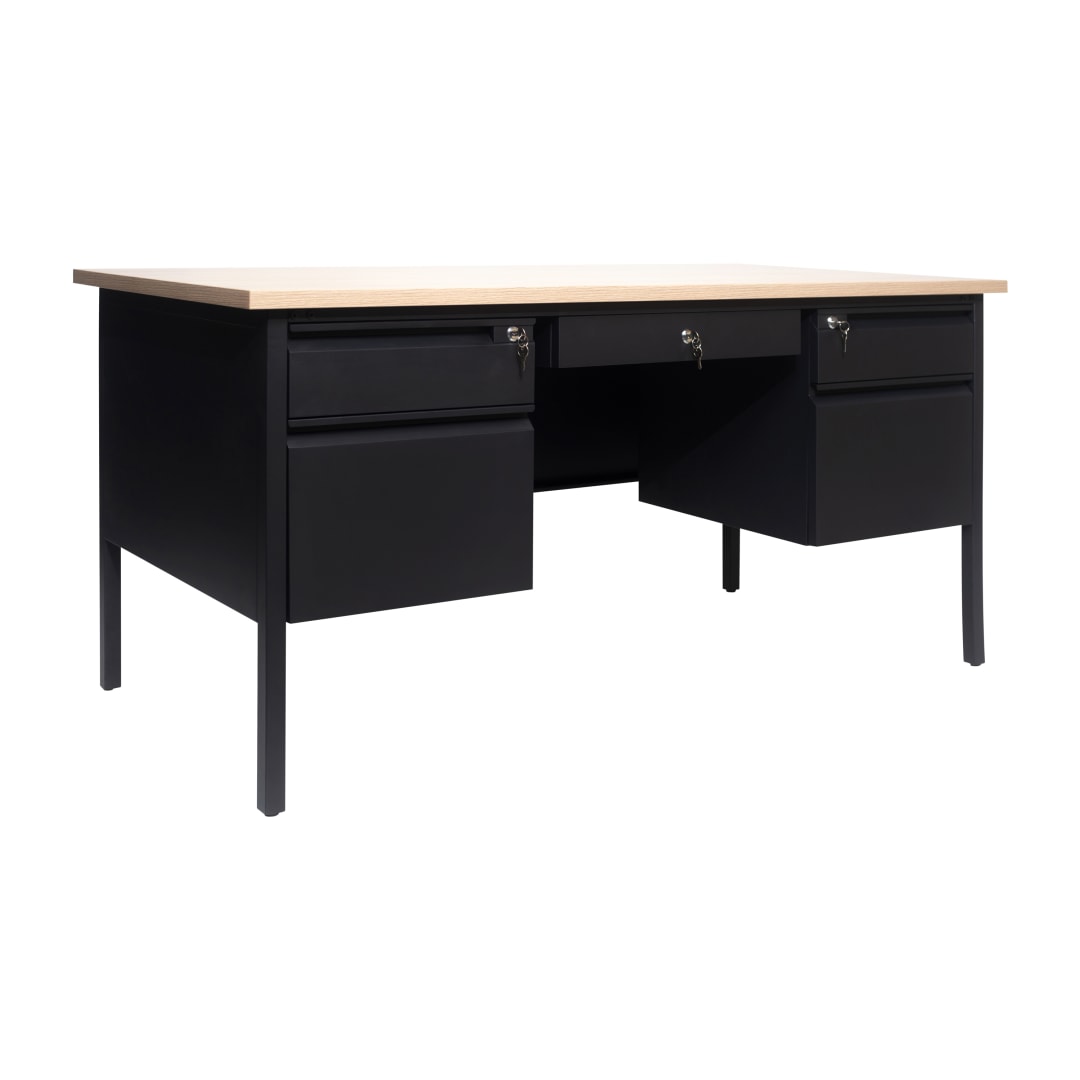 Cambridge Commercial Grade 30x60 Double Pedestal Desk with 5 Locking Drawers, White Oak Top and Black Frame