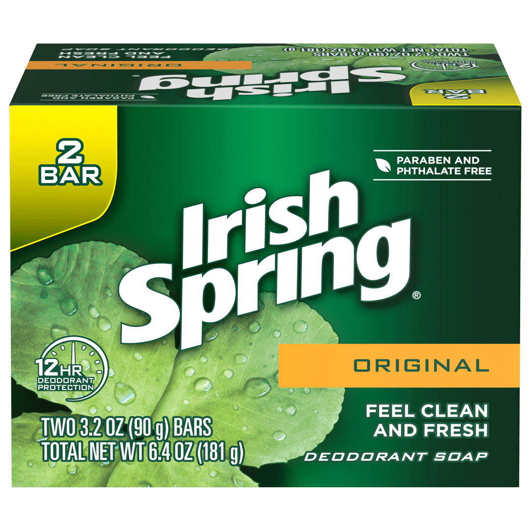 Irish Spring Original Mens Deodorant Bar Soap, Body and Hand Soap Bar Washes Away Bacteria, 3.2 Ounce, 2 Bars