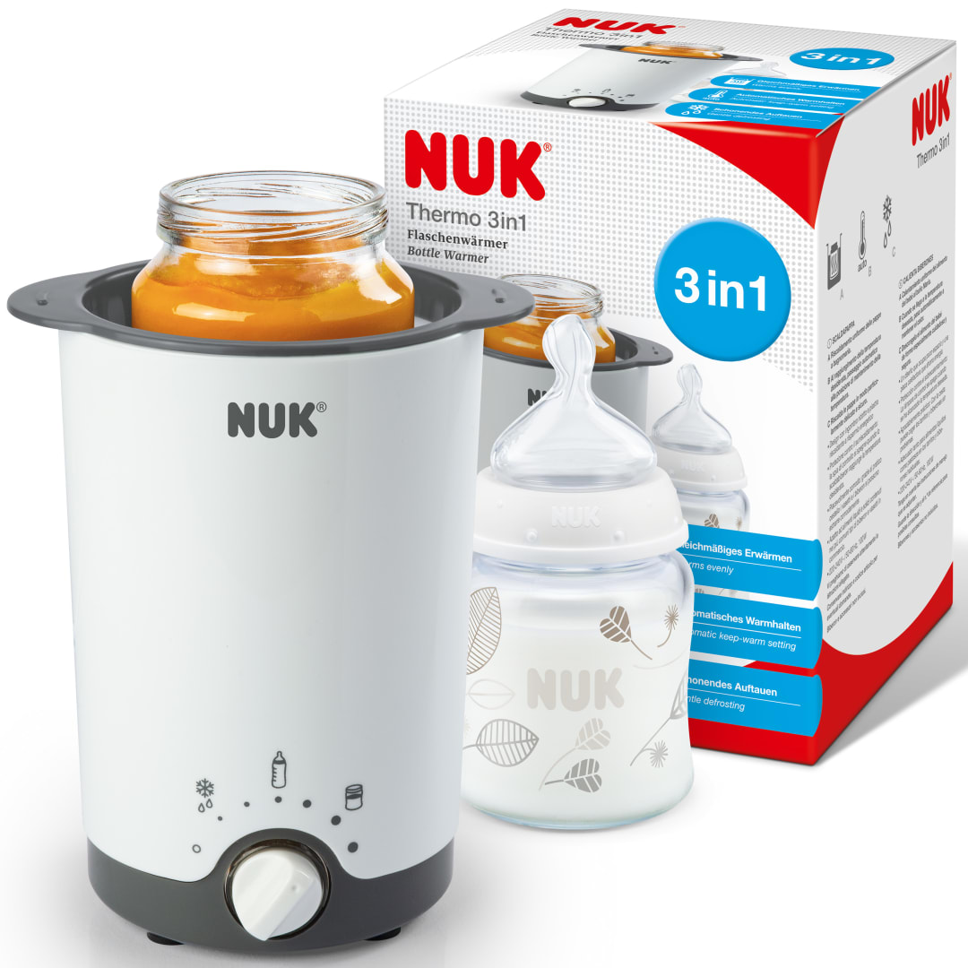 NUK Thermo 3in1 calentador para biberones | Descongela poco a poco, calienta y mantiene calientes líquidos y alimentos blandos | Cesta elevable para facilitar la extracción | Enchufe de 2 clavijas (Europa)