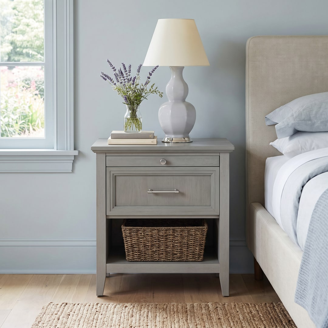 Bedford Set of 2 Shaker 1-Drawer Nightstands with Charging Stations, Pull-out Trays, Open Storage Shelves and Solid Wood Frames in Gray Woodgrain