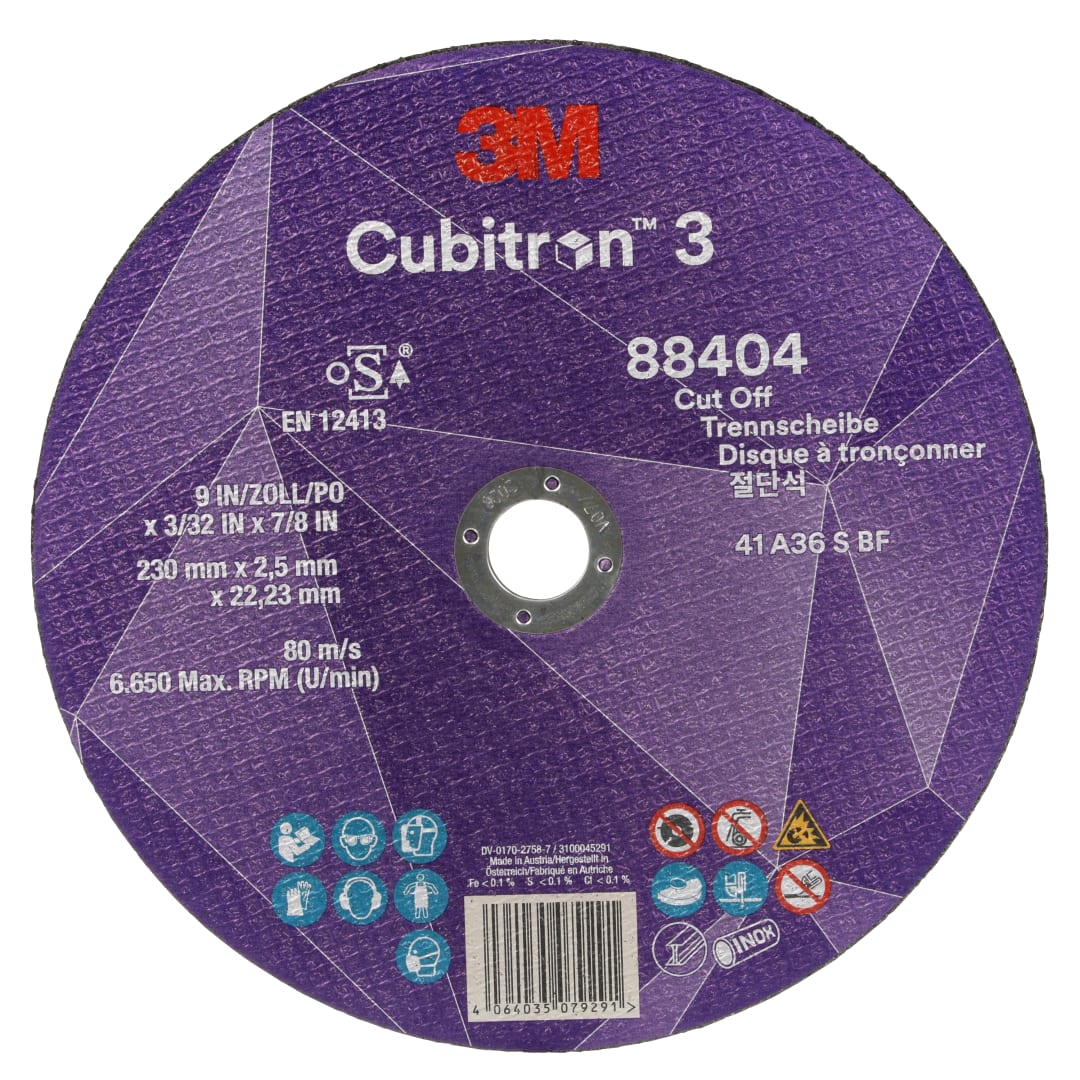 3M™ Cubitron™ 3 Cut-Off Wheel, 88404, 36+, T41, 230 mm x 2.5 mm x 22.23 mm, EN, 25/Pack, 50 ea/Case