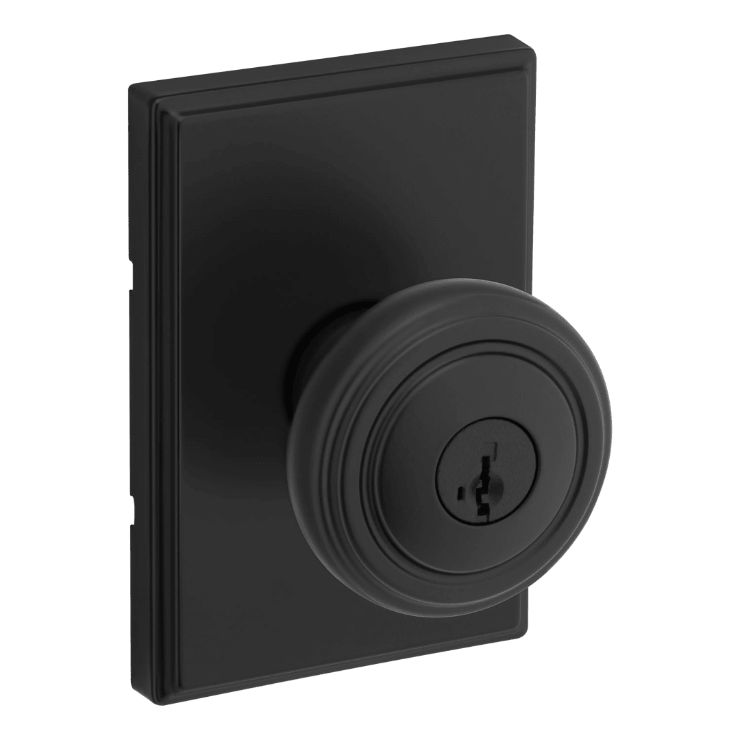 Henrik Keyed Entry Doorknob with Rectangle Rosette in Matte Black featuring SmartKey Security