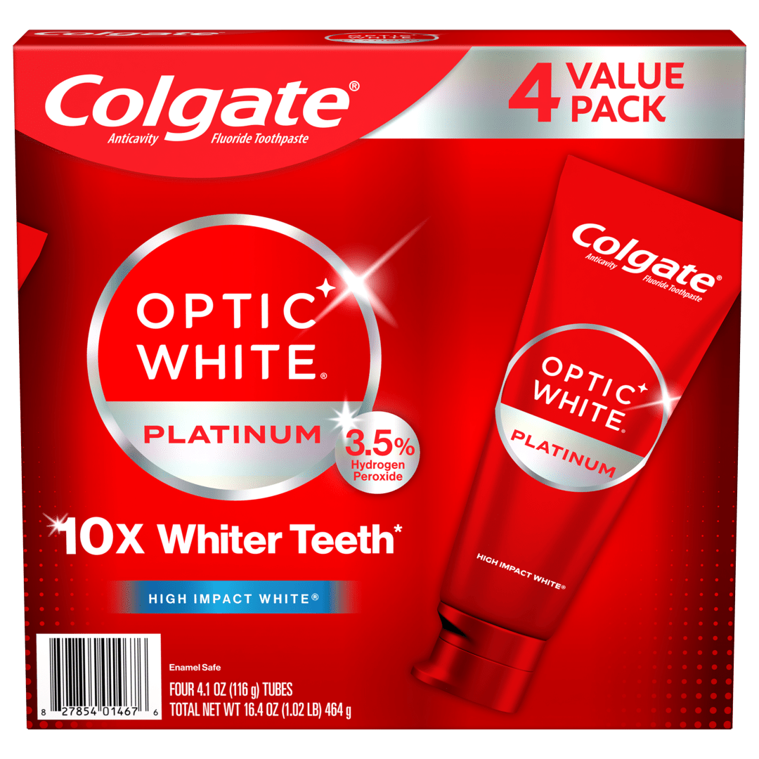 Colgate Optic White Platinum High Impact White Toothpaste with 3.5% Hydrogen Peroxide, Anticavity Teeth Whitening Toothpaste with Fluoride, Glistening Mint Flavor, Enamel Safe, 4.1 OZ