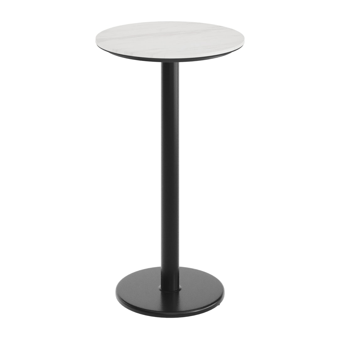 TopGuard 24" Round Tabletop, Seamless Surface Technology, White Faux Marble, 18" Round Black Bar Height Base, Moisture, Scratch, Heat, UV Resistant