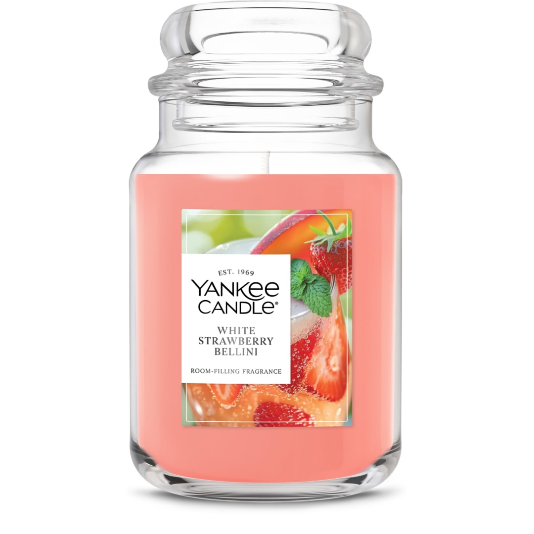 Yankee Candle Large Jar Scented Candle with up to 150 Hour Burn Time, Premium Plant Wax Blend for Consistent Burn, 22 oz Jar Candle with Room Filling Fragrance, White Strawberry Bellini