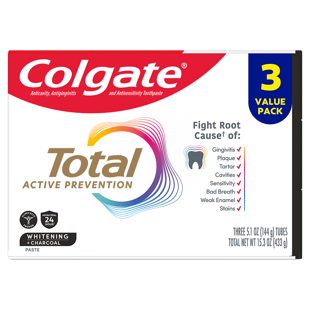 Colgate Total Active Prevention Whitening and Charcoal Toothpaste, Mint, 3 Pack, 5.1 oz